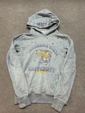 Grey Victoria's Secret PINK LSU hoodie with rhinestones and studs 0865
